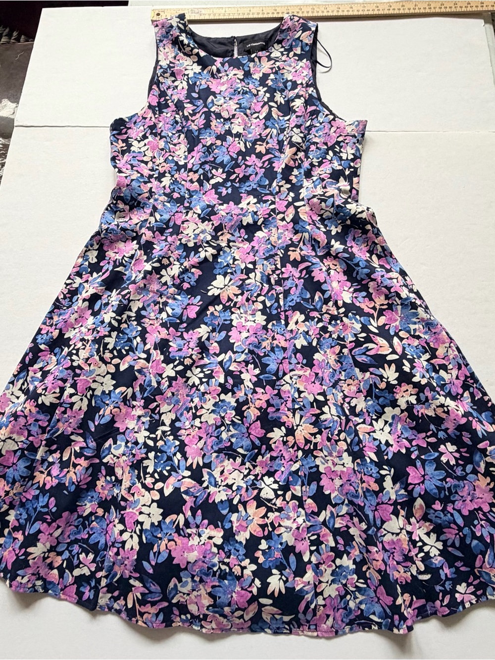 Liz Claiborne Navy Floral Midi Dress with Pink & Blue Accents